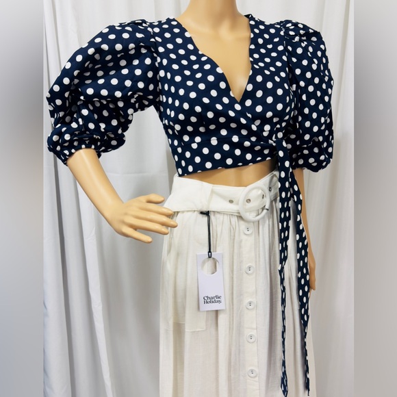 Elegant Cropped Wrap Navy&White Polka Dot Blouse Puff Elbow Length Sleeves M NWT - Picture 2 of 11